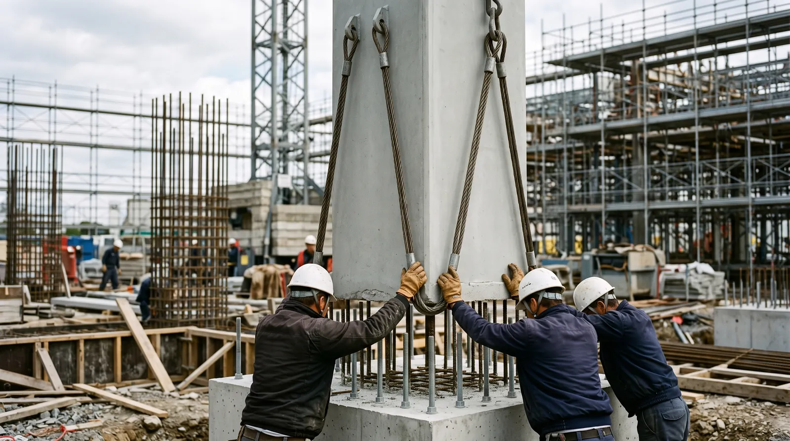Robotnicy na budowie naprowadzają prefabrykowany słup betonowy opuszczany dźwigiem na fundament z prętami kotwiącymi