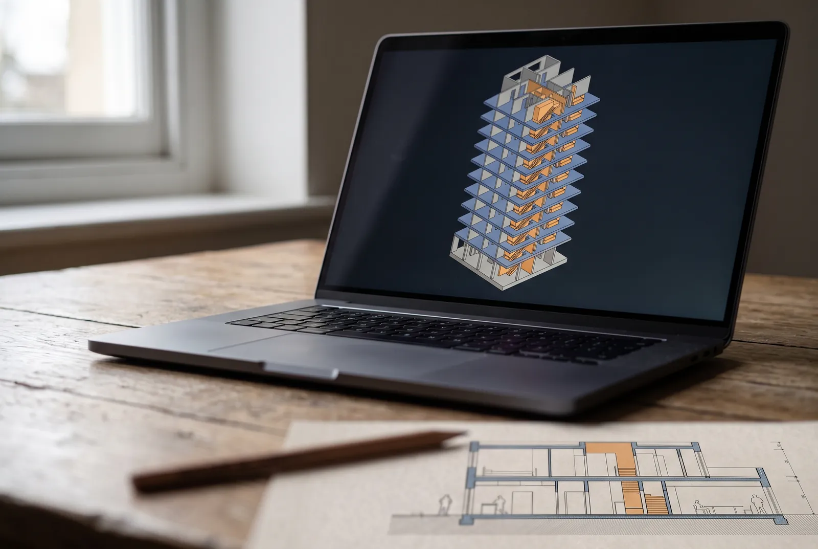 Laptop z rozstrzelonym aksonometrycznym modelem 3D wielokondygnacyjnego budynku, elementy pokolorowane według kategorii