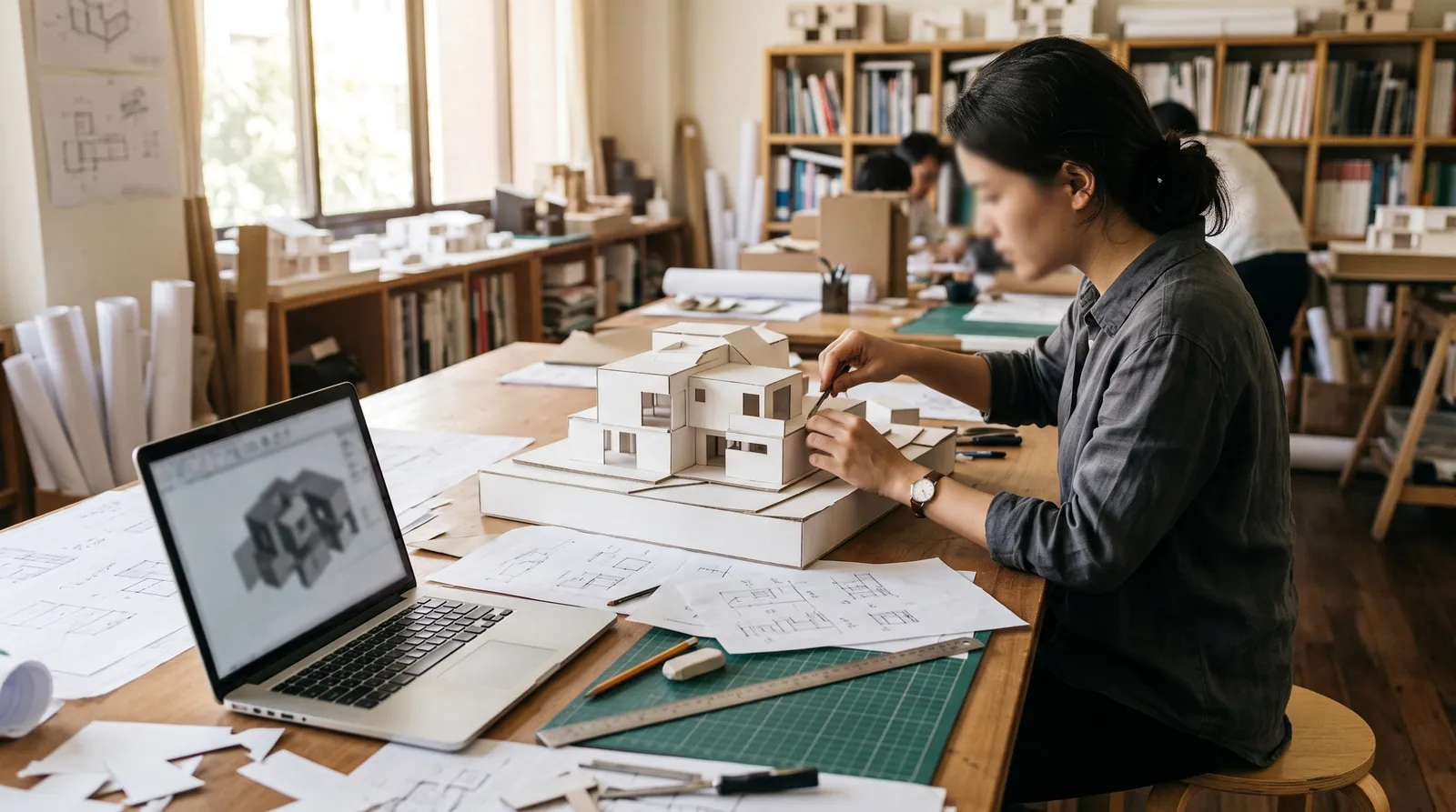 Młoda architektka w jasnej pracowni przy makiecie z białej tektury i laptopie z modelem 3D