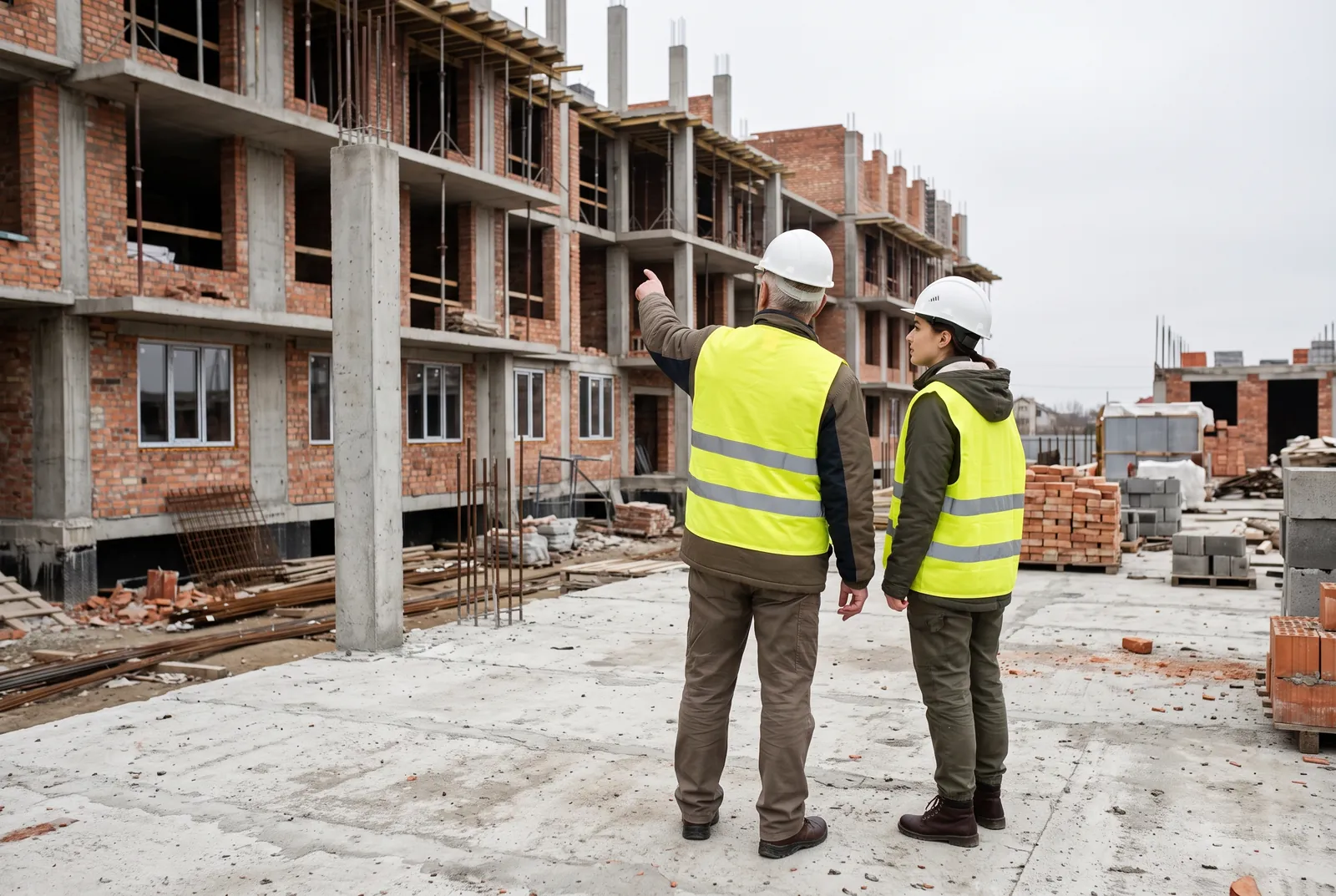 Młody architekt i starszy kolega w kaskach i kamizelkach odblaskowych na płycie betonowej, widziani od tyłu